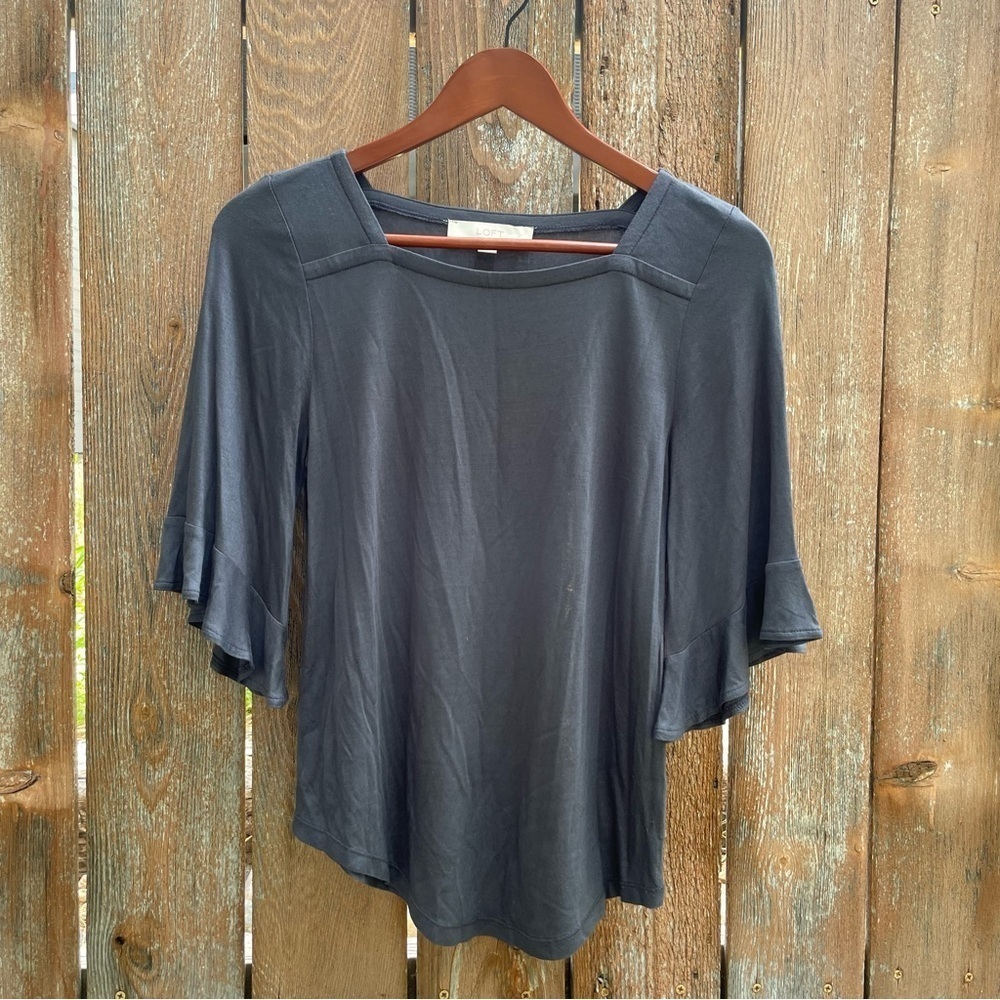 LOFT Women's Gray Square Neck 3/4 Ruffle Sleeve Top Blouse Size Small